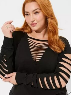 Torrid Plus Size Black Slashed Long-Sleeve Top